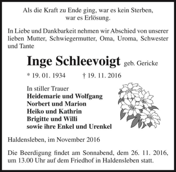 Traueranzeige von Inge Schleevoigt (geb. Gericke)  von Magdeburger Volksstimme
