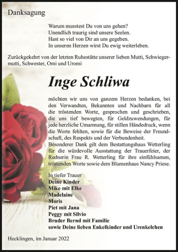 Traueranzeige von Inge Schliwa  von Magdeburger Volksstimme