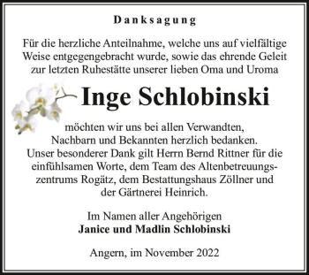 Traueranzeige von Inge Schlobinski  von Magdeburger Volksstimme