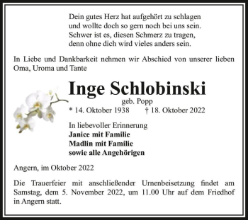 Traueranzeige von Inge Schlobinski (geb. Popp)  von Magdeburger Volksstimme