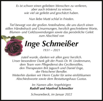 Traueranzeige von Inge Schmeißer  von Magdeburger Volksstimme