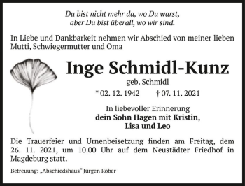 Traueranzeige von Inge Schmidl-Kunz (geb. Schmidl)  von Magdeburger Volksstimme