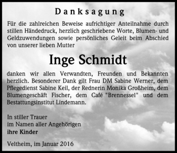 Traueranzeige von Inge Schmidt  von Magdeburger Volksstimme