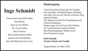Traueranzeige von Inge Schmidt  von Magdeburger Volksstimme