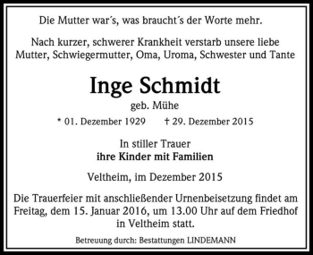 Traueranzeige von Inge Schmidt (geb. Mühe)  von Magdeburger Volksstimme