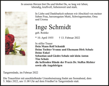 Traueranzeige von Inge Schmidt (geb.  Reinke)  von Magdeburger Volksstimme