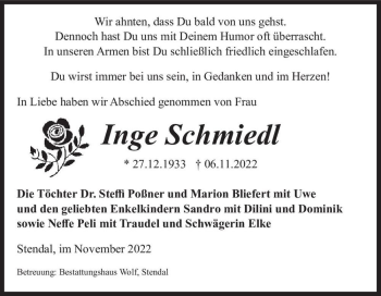 Traueranzeige von Inge Schmiedl  von Magdeburger Volksstimme