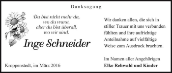 Traueranzeige von Inge Schneider  von Magdeburger Volksstimme