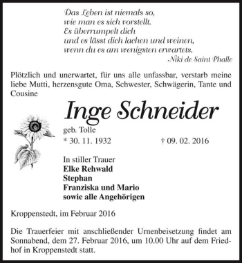 Traueranzeige von Inge Schneider (geb. Tolle)  von Magdeburger Volksstimme