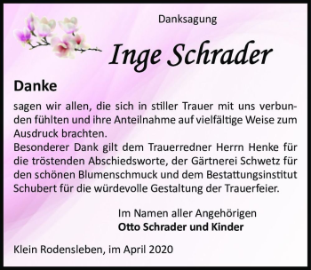 Traueranzeige von Inge Schrader  von Magdeburger Volksstimme