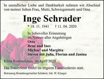 Traueranzeige von Inge Schrader  von Magdeburger Volksstimme