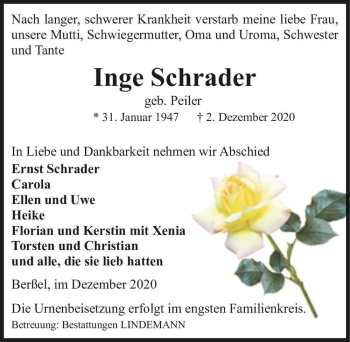 Traueranzeige von Inge Schrader (geb. Peiler)  von Magdeburger Volksstimme
