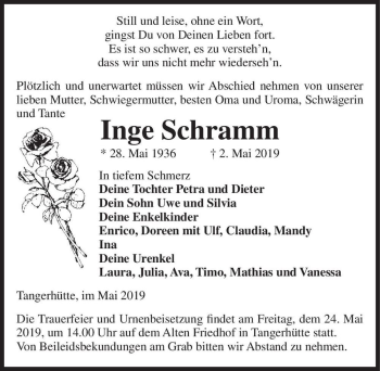 Traueranzeige von Inge Schramm  von Magdeburger Volksstimme