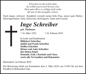 Traueranzeige von Inge Schreiber (geb. Thalmann)  von Magdeburger Volksstimme