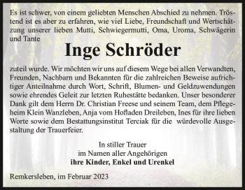 Traueranzeige von Inge Schröder  von Magdeburger Volksstimme
