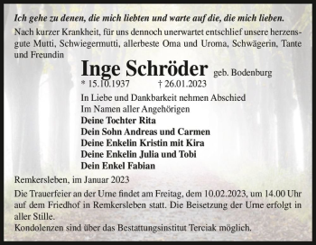 Traueranzeige von Inge Schröder (geb. Bodenburg)  von Magdeburger Volksstimme