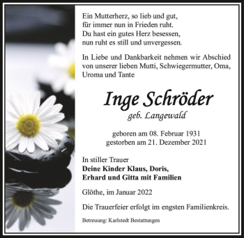 Traueranzeige von Inge Schröder (geb. Langewald)  von Magdeburger Volksstimme