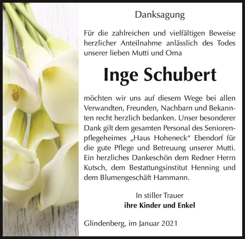  Traueranzeige für Inge Schubert  vom 16.01.2021 aus Magdeburger Volksstimme
