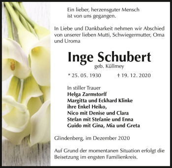 Traueranzeige von Inge Schubert (geb. Küllmey)  von Magdeburger Volksstimme