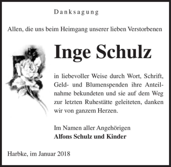Traueranzeige von Inge Schulz  von Magdeburger Volksstimme
