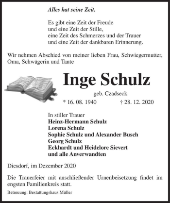 Traueranzeige von Inge Schulz (geb. Czadseck)  von Magdeburger Volksstimme