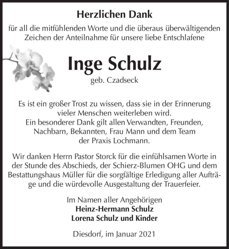  Traueranzeige für Inge Schulz (geb. Czadseck)  vom 23.01.2021 aus Magdeburger Volksstimme
