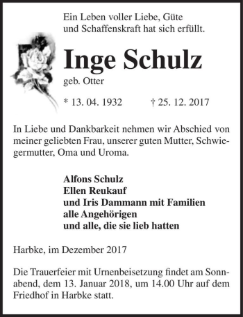 Traueranzeige von Inge Schulz (geb. Otter)  von Magdeburger Volksstimme