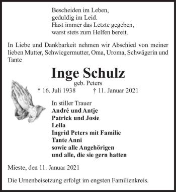 Traueranzeige von Inge Schulz (geb. Peters)  von Magdeburger Volksstimme