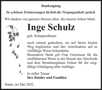 Traueranzeige von Inge Schulz (geb. Schuppenhauer)  von Magdeburger Volksstimme