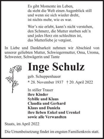 Traueranzeige von Inge Schulz (geb. Schuppenhauer)  von Magdeburger Volksstimme