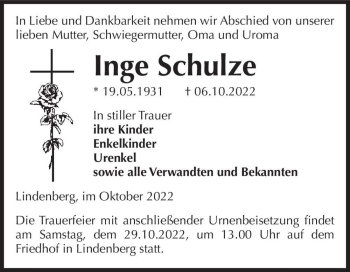 Traueranzeige von Inge Schulze  von Magdeburger Volksstimme