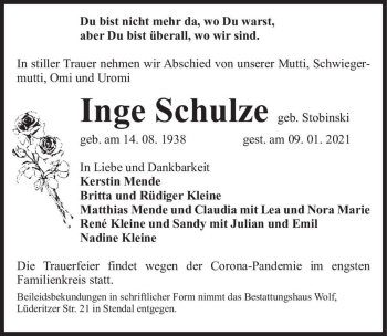Traueranzeige von Inge Schulze (geb. Stobinski)  von Magdeburger Volksstimme