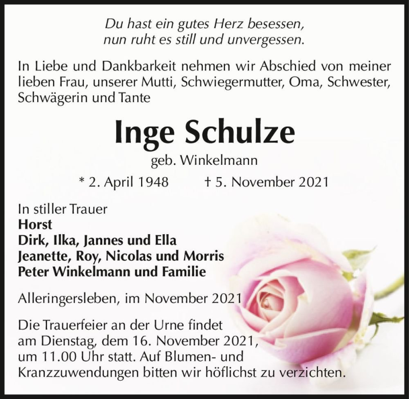  Traueranzeige für Inge Schulze (geb. Winkelmann)  vom 10.11.2021 aus Magdeburger Volksstimme