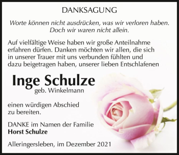 Traueranzeige von Inge Schulze (geb. Winkelmann)  von Magdeburger Volksstimme