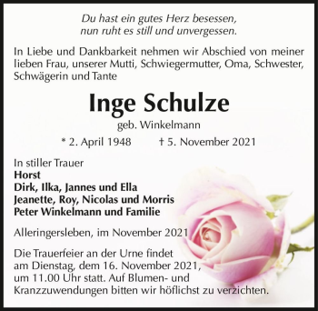 Traueranzeige von Inge Schulze (geb. Winkelmann)  von Magdeburger Volksstimme