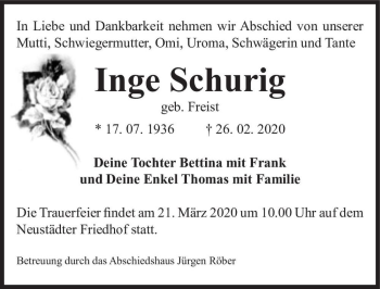 Traueranzeige von Inge Schurig (geb. Freist)  von Magdeburger Volksstimme