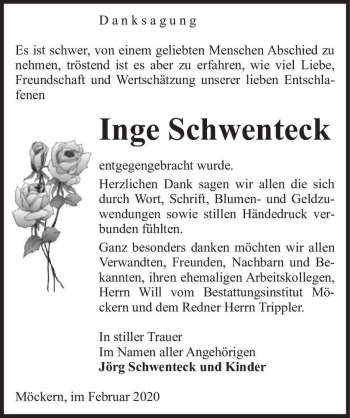 Traueranzeige von Inge Schwenteck  von Magdeburger Volksstimme
