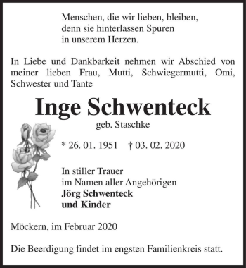 Traueranzeige von Inge Schwenteck (geb. Staschke)  von Magdeburger Volksstimme