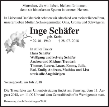 Traueranzeige von Inge Schäfer (geb. Krebs)  von Magdeburger Volksstimme