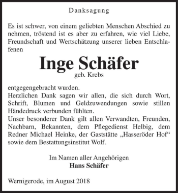 Traueranzeige von Inge Schäfer (geb. Krebs)  von Magdeburger Volksstimme