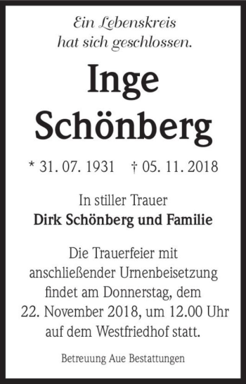 Traueranzeige von Inge Schönberg  von Magdeburger Volksstimme