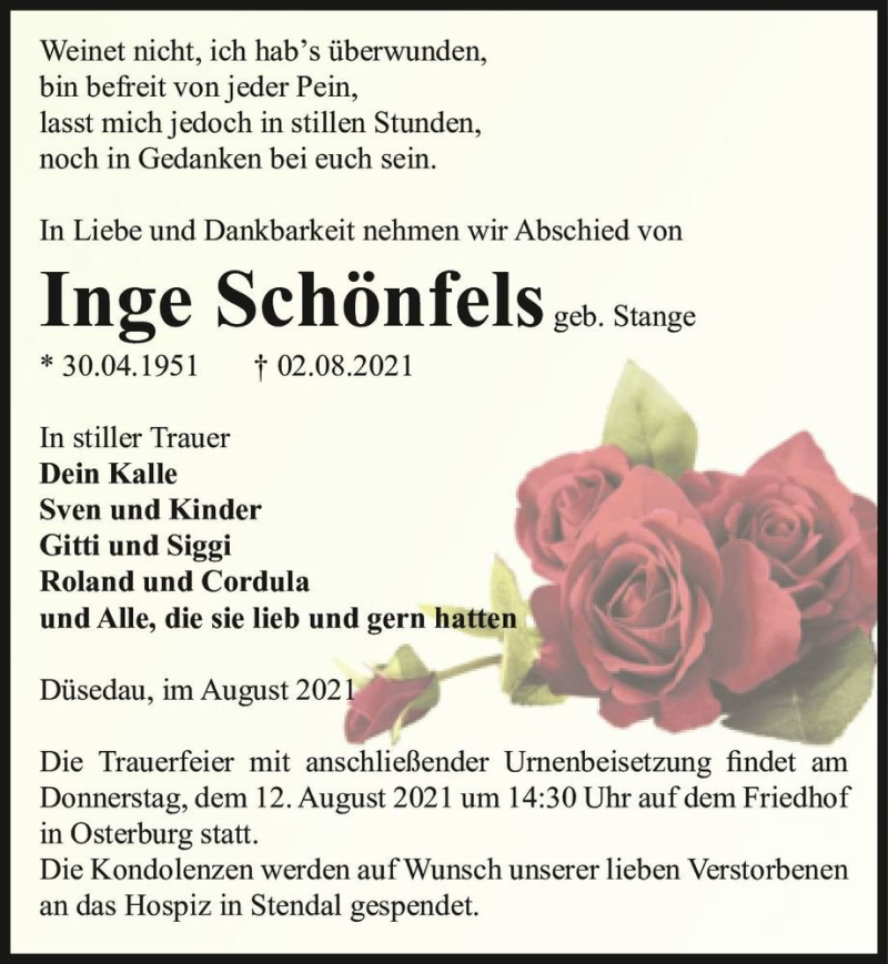  Traueranzeige für Inge Schönfels (geb. Stange)  vom 05.08.2021 aus Magdeburger Volksstimme