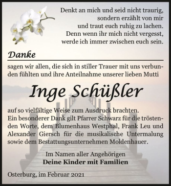 Traueranzeige von Inge Schüßler  von Magdeburger Volksstimme