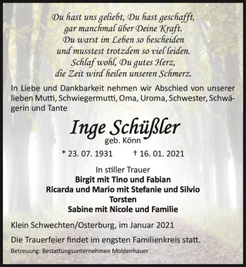 Traueranzeige von Inge Schüßler (geb. Könn)  von Magdeburger Volksstimme