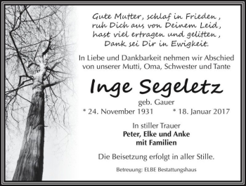 Traueranzeige von Inge Segeltz (geb. Gauer)  von Magdeburger Volksstimme