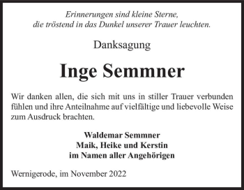 Traueranzeige von Inge Semmner  von Magdeburger Volksstimme