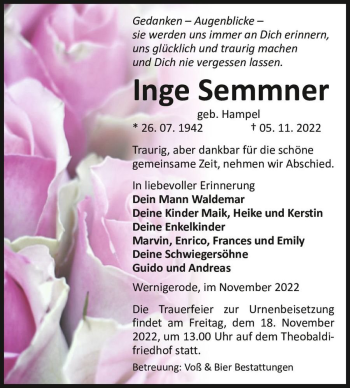 Traueranzeige von Inge Semmner (geb. Hampel)  von Magdeburger Volksstimme