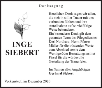 Traueranzeige von Inge Siebert  von Magdeburger Volksstimme