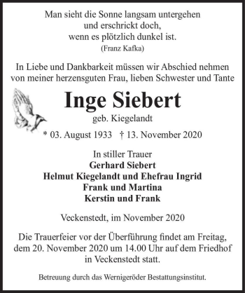 Traueranzeige von Inge Siebert (geb. Kiegelandt)  von Magdeburger Volksstimme