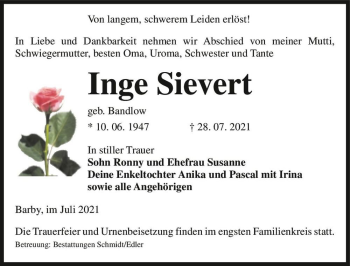 Traueranzeige von Inge Sievert (geb. Bandlow)  von Magdeburger Volksstimme